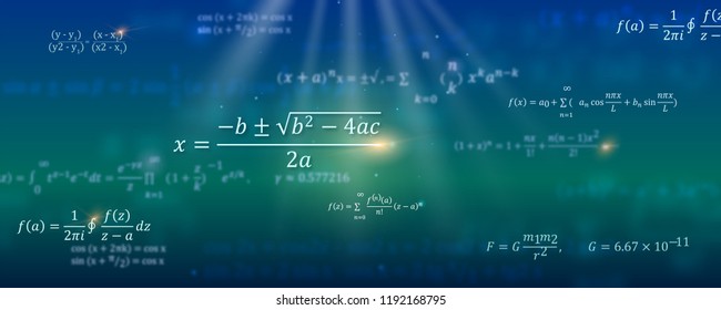 Mathematical formulas. Abstract background with Math equations floating on space. Pattern for cover, presentation, leaflets. Vector 3D illustration. Concept of calculation and search of various data.