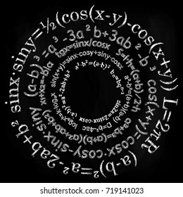 Mathematical formulas, arranged in a circle, hand drawing, vector image