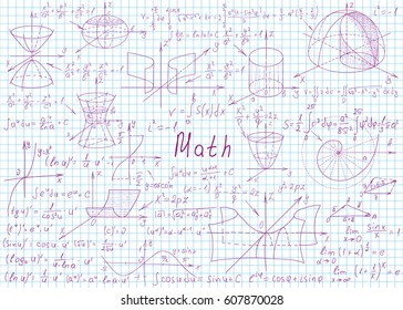 Mathematical formulas drawn by hand on a notebook page for the background. Vector illustration.