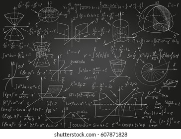 Mathematical formulas drawn by hand on a black chalkboard for the background. Vector illustration.