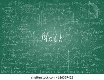 Mathematical formulas drawn by hand on a green unclean chalkboard for the background. Vector illustration.