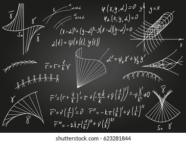Mathematical formulas drawn by hand on the black chalkboard for the background. Vector illustration.