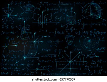 Mathematical formulas drawn by hand on the black chalkboard for the background. Vector illustration.