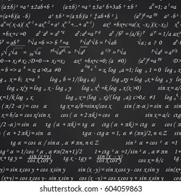 Mathematical formulas drawn on a black chalkboard for the background. Vector illustration.
