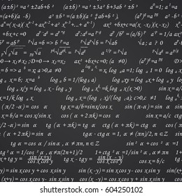 Mathematical formulas drawn on a black chalkboard for the background. Vector illustration.