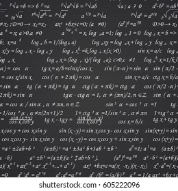 Mathematical formulas drawn on a black chalkboard for the background. Vector illustration.