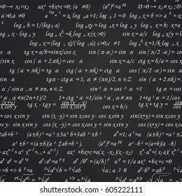 Mathematical formulas drawn on a black chalkboard for the background. Vector illustration.