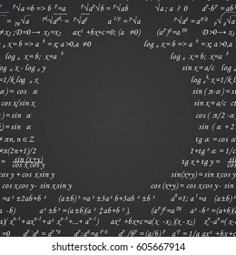 Mathematical formulas drawn on a black chalkboard for the background. Vector illustration.