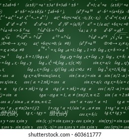 Mathematical formulas drawn on a green chalkboard for the background. Vector illustration.