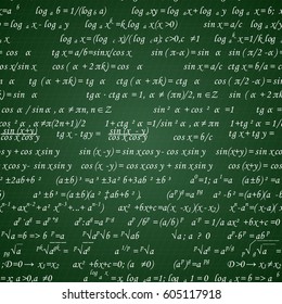Mathematical formulas drawn on a green chalkboard for the background. Vector illustration.