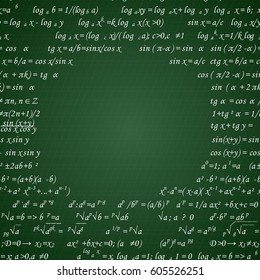 Mathematical formulas drawn on a green chalkboard for the background. Vector illustration.