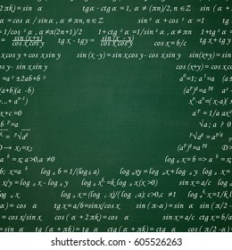 Mathematical formulas drawn on a green chalkboard for the background. Vector illustration.