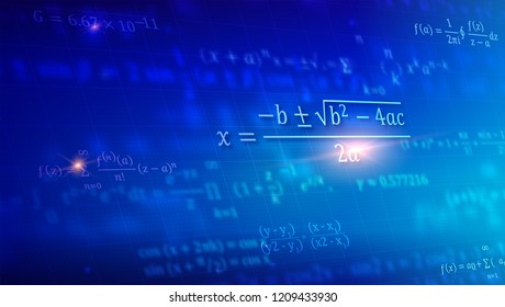 Mathematical formulas floating in perspective. Abstract blue background with Math equations on blackboard. Vector 3D illustration. Symbol of study exact Sciences.