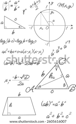Mathematical Formulas and Geometric Shapes on Graph Paper. Handwritten Vector Illustration