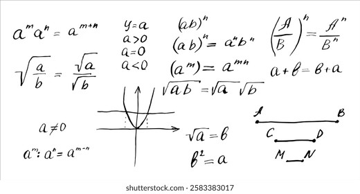 Mathematical formulas and graphs. Hand drawn black ink vector illustrations. Mathematical equations written on a chalkboard in black and white style. Hand writing algebraic equations