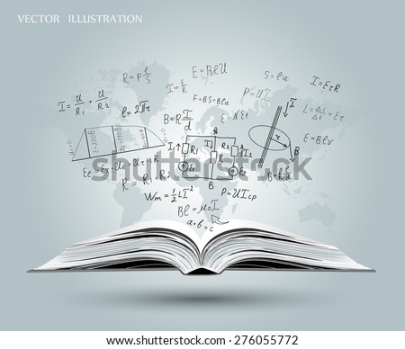 Mathematical formulas and graphs on the open book on the background map of the world. Mathematical concept. A book about physics. Vector illustration.