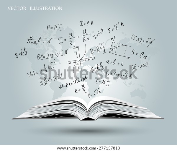 Mathematical formulas and graphs on the\
open book on the background map of the world. Mathematical concept.\
A book about physics. Vector\
illustration.