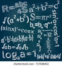 Mathematical formulas on a blue school board, hand drawing, scribble, vector image