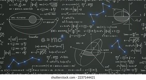 Mathematical formulas and physics explaining space orbits and stars seamless pattern.