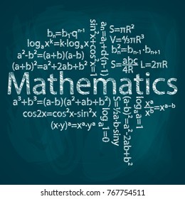Mathematical formulas are presented in the form of a brain drawn on a school board. Drawing chalk on a blackboard. Vector illustration