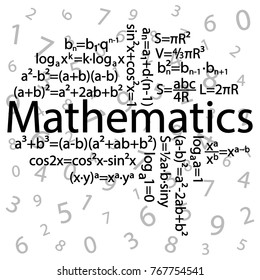 Mathematical formulas are presented in the form of a brain shape, drawn against a background of simple digits. Vector illustration
