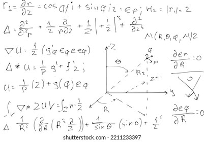 Mathematische Formeln. Wissenschaftliche, pädagogische, algebraische Gleichungen. Handgezeichnet auf weißem Hintergrund.