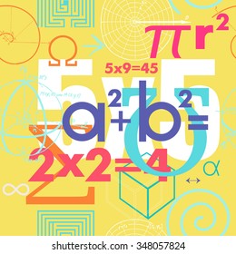 Mathematical formulas and symbols. Vector seamless pattern. Cover of the textbook or notebook, poster
