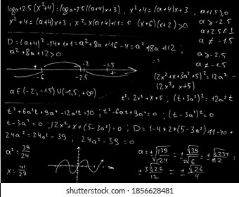 Mathematical formulas and symbols written by hand on a black background. Algebraic doodles. Vector illustration.