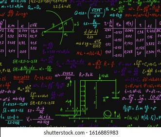 Mathematical formulas, vector seamless pattern with multicolored scientific equations and tables