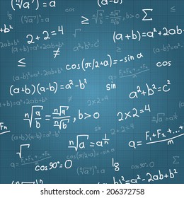 Mathematical formulas vector seamless pattern on blueprint. 