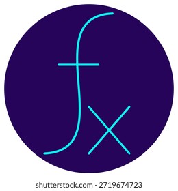 Ícone de Função Matemática. Contorno de néon minimalista em um fundo redondo azul escuro. Uma ilustração vetorial elegante da notação de função 'f(x)', simbolizando lógica algorítmica, transformação de dados, modelagem matemática e o núcleo computacional de aprendizagem de máquina e sistemas de IA