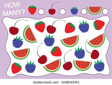 Mathematical game for children. Count how many berries. Vector