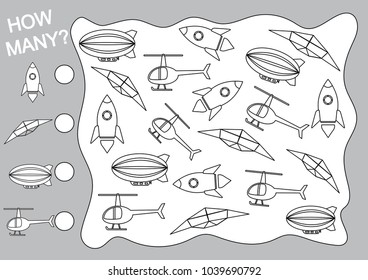 Mathematical game for children. Count how many air transport objects and write the result. Paint air transport.