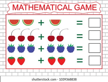 Mathematical game for children. Learning addition for kids, counting activity. Vector illustration