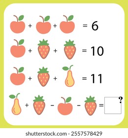 Mathematical game for children. Task for schoolchildren. Fruits and vegetables, addition and subtraction.