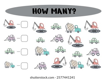 Mathematical game for children with transport. How many cars? Count and write. Educational material for children. Development of children's arithmetic skills. Printable sheet. Vector