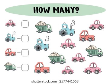 Mathematical game for children with transport. How many cars? Count and write. Educational material for preschoolers and kindergarten. Printable sheet. Vector