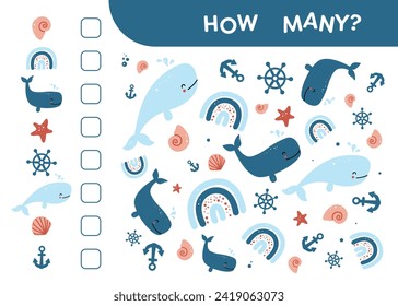 Mathematical game. Count how many sea animals and and things. Children logic learning. Education kid in kindergarten, preschool, school. Mathematics puzzle.  How many, counting task. Ocean life