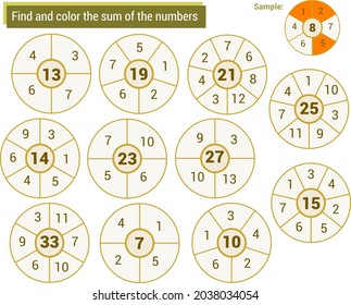 Mathematical game. Find and color in the numbers that add up the small circle