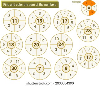Mathematical game. Find and color in the numbers that add up the small circle