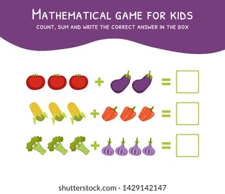 Mathematical Game for Kids, Count, Sum and Write the Correct Answer in the Box Vector Illustration