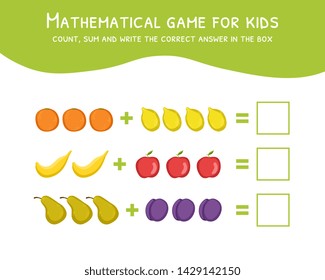 Mathematical Game for Kids, Development of Mathematical Abilities, Count, Sum and Write the Correct Answer in the Box Vector Illustration
