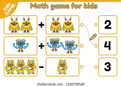 Mathematical game for kids. Tasks for learning math. Count and choose the correct answer. Vector illustration of cartoon monsters.