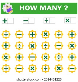 Mathematical Game For Preschool Children. Count How Many Mathematical Symbols - Plus, Minus, Divide, Multiply And Write The Result.