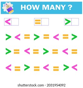 Mathematical game for Preschool children. Count how many equal sign and write the result.