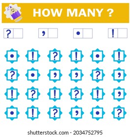 Mathematical game for Preschool children. Count how many punctuation marks - full stop, comma, question mark, exclamation and write the result.