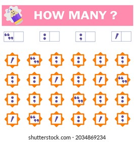 Mathematical game for Preschool children. Count how many punctuation marks - colon, semicolon, quotation marks, apostrophe and write the result.