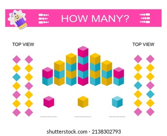 Mathematical game for preschoolers. Find the correct group of cubes. Also count how many red, yellow, blue cubes and write the result.