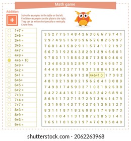 Mathematical game. Solve the examples on the left table and find them on the right table