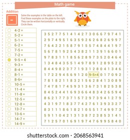 Mathematical game. Solve the examples on the left table and find them on the right table